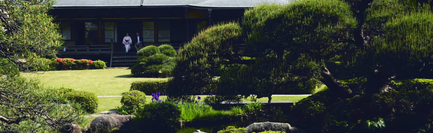 Traditional Japanese house beyond a garden with a pond, pruned pines and a stone lantern