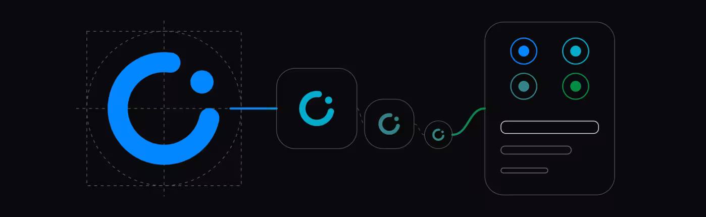 A logomark on its construction lines, in three sizes, with the palette and typefaces of the identity