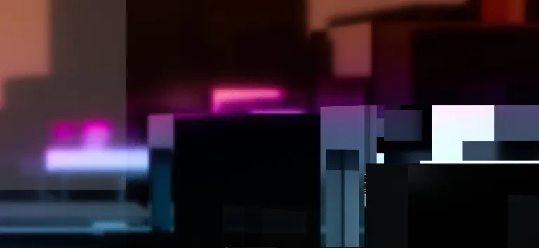 Abstract, pixelated building shapes in the half-light, with flashes of pink light