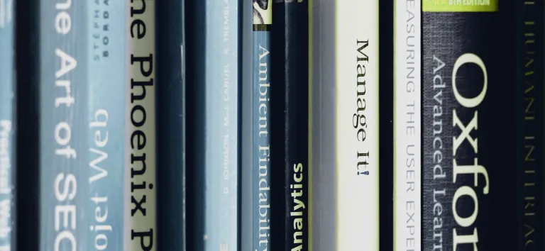 Rangée de livres sur le web, le référencement et l’expérience utilisateur, aux tranches bleutées
