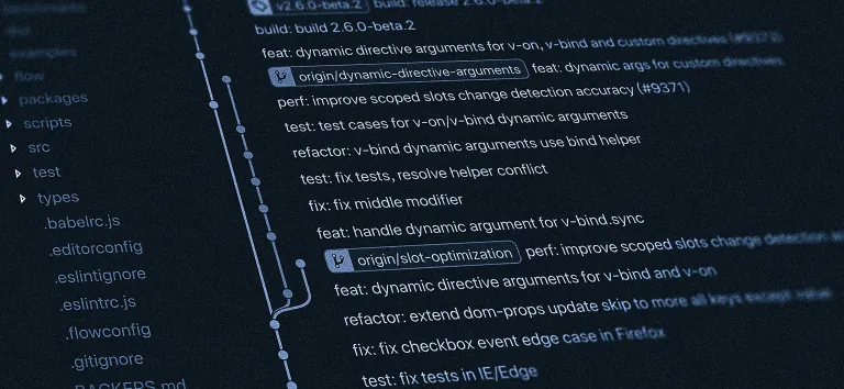 Historique de commits Git dans un éditeur de code sombre : branches, messages feat, fix et test, arborescence de fichiers à gauche