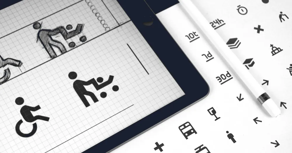 Accessibility pictograms drawn on a tablet with a stylus, next to a sheet of icons