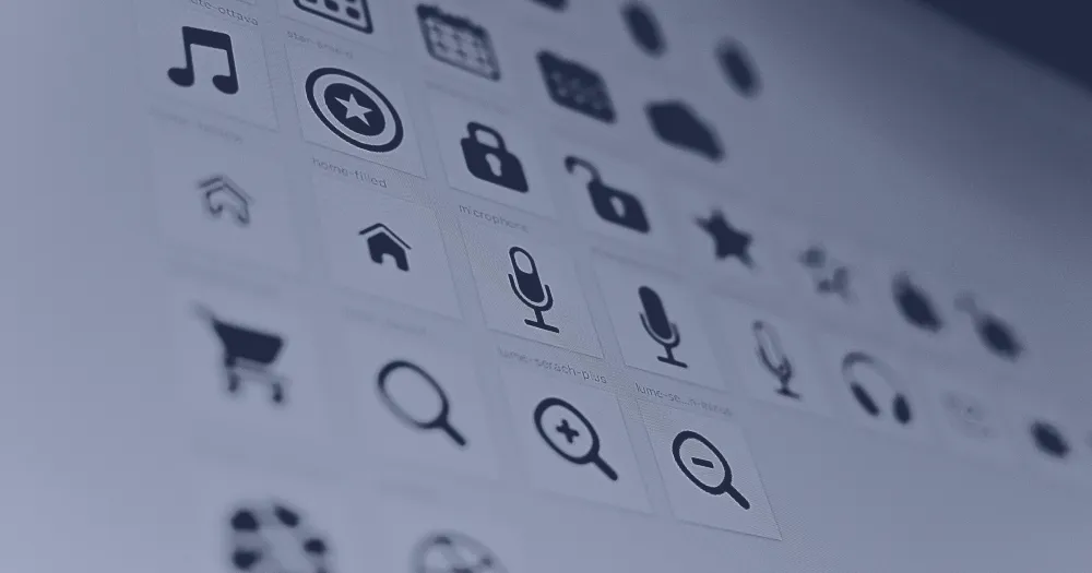 Printed sheet of interface icons (home, padlock, microphone, magnifier, cart), in a bluish close-up