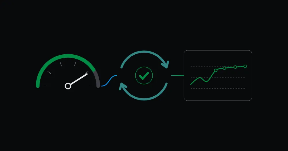 A speed gauge in the green, a validated update cycle and a monitoring curve that levels off