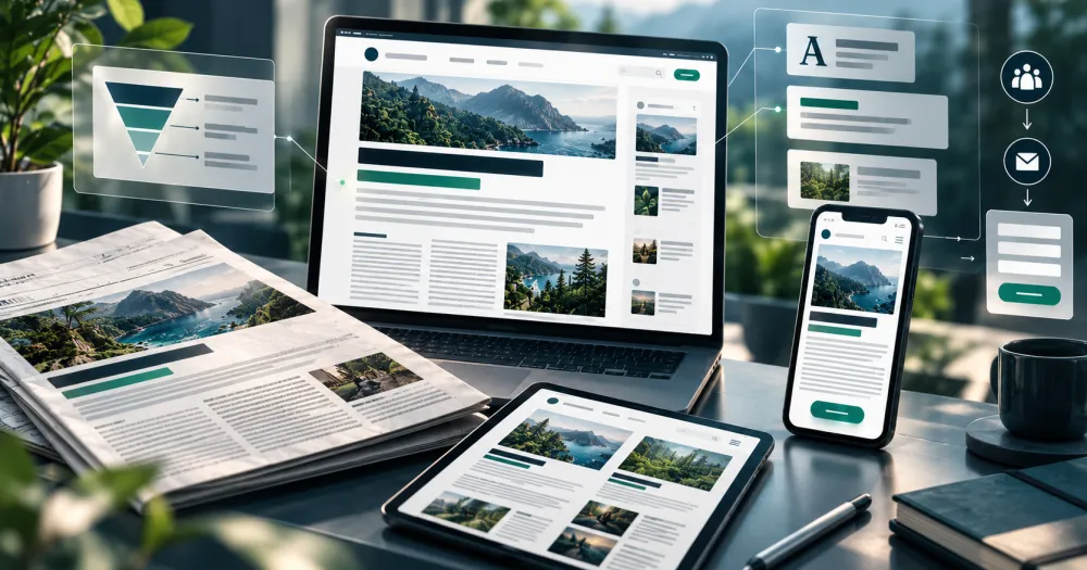 Un site web affiché sur un ordinateur, une tablette, un smartphone et un journal imprimé, entourés de panneaux d’interface, sur un bureau près d’une fenêtre