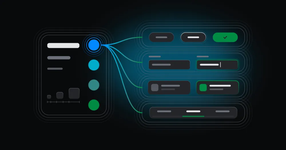 A token panel whose chosen colour spreads to four components: buttons, fields, cards and tabs