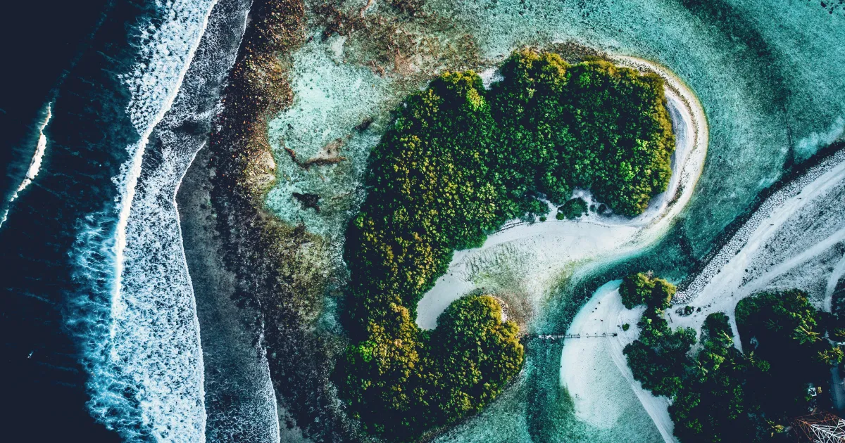 Île boisée vue du ciel, entourée de sable blanc, d’eau turquoise et de vagues