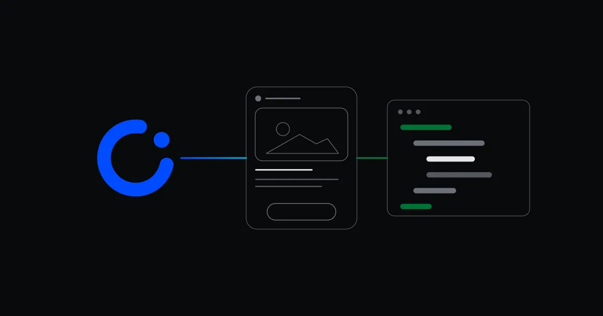 A brand logomark, an interface screen and code, linked by a single line.