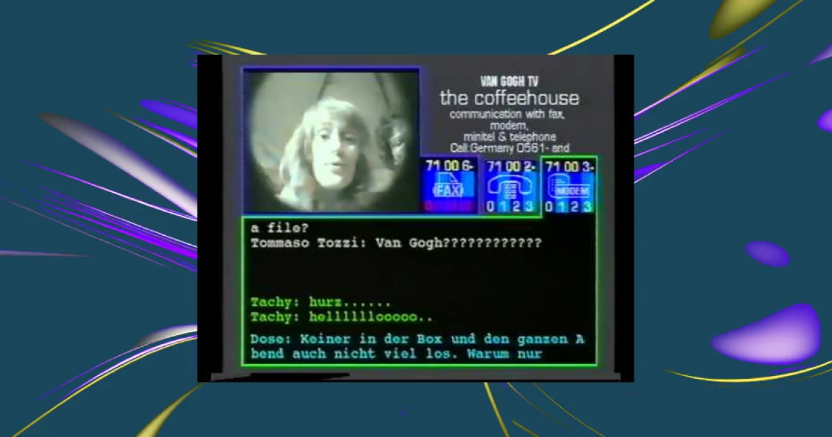 Still from the Van Gogh TV show “the coffeehouse”: a face on video and a chat window, on a blue background with purple flashes