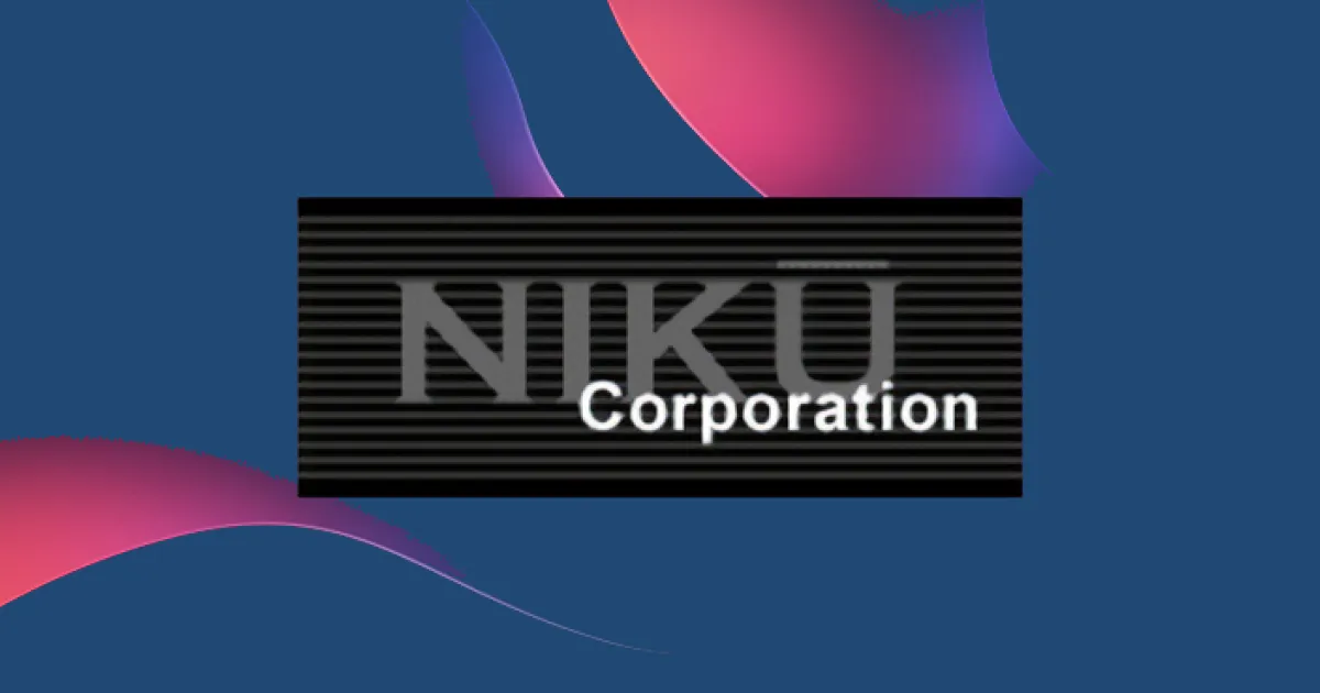 Niku Corporation logo on a black band, over a blue background crossed by pink waves